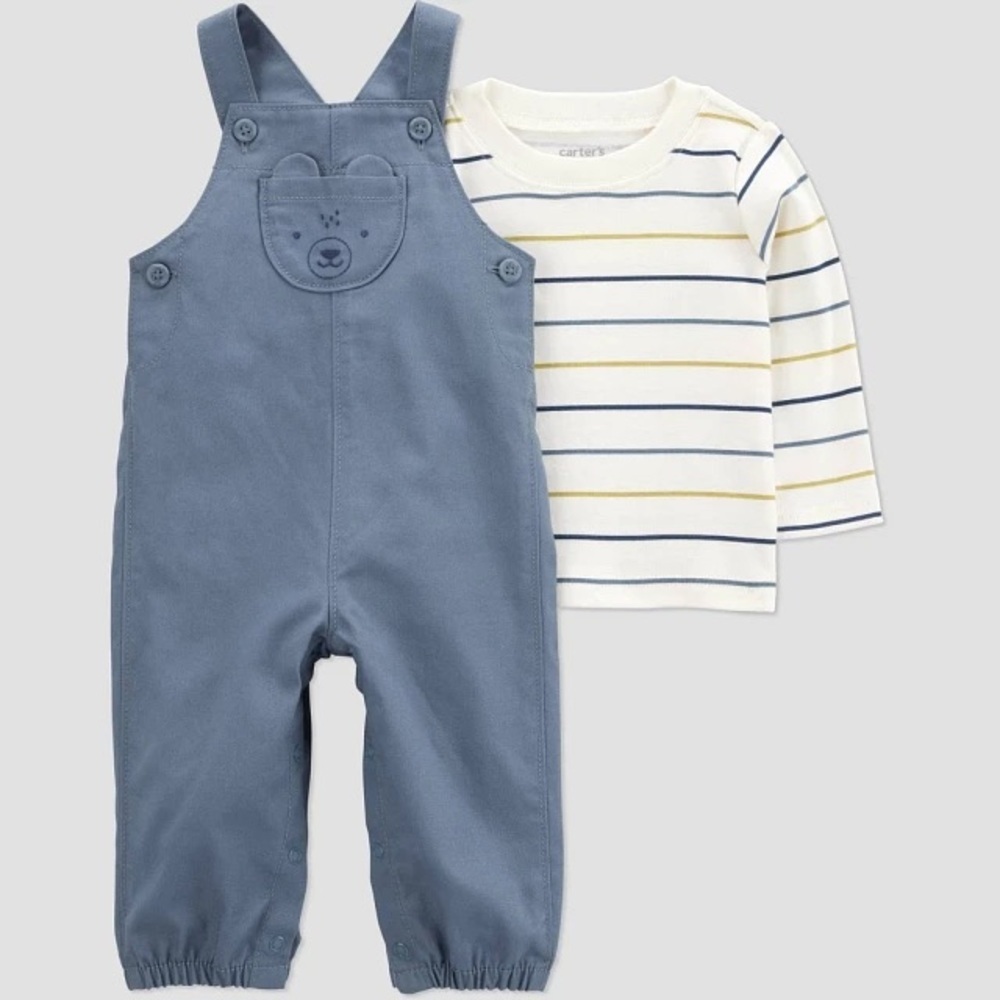 Carters Just One You Baby Boys Striped Pocket Overalls with Bear 3 Months - Picture 6 of 6